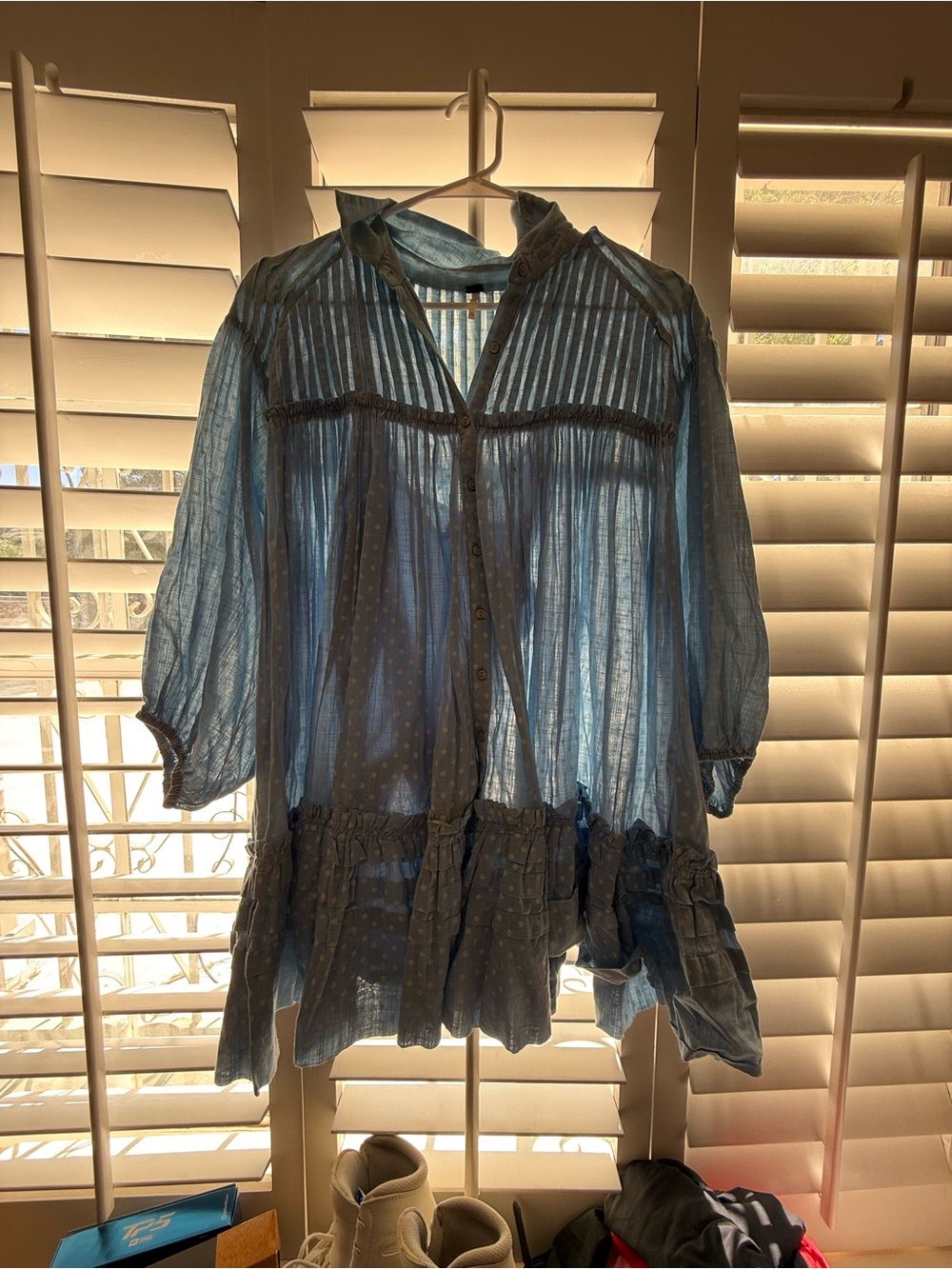 Free People Blue Sheer Button-Front Boho Tunic Dress